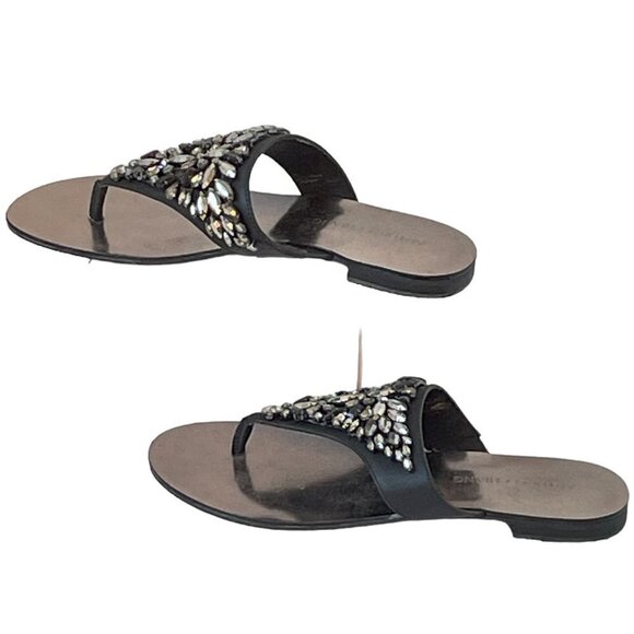 Arturo Chiang Black Leather Flip Flop Sandal with Rhinestone Embellishment 7 - Picture 3 of 11